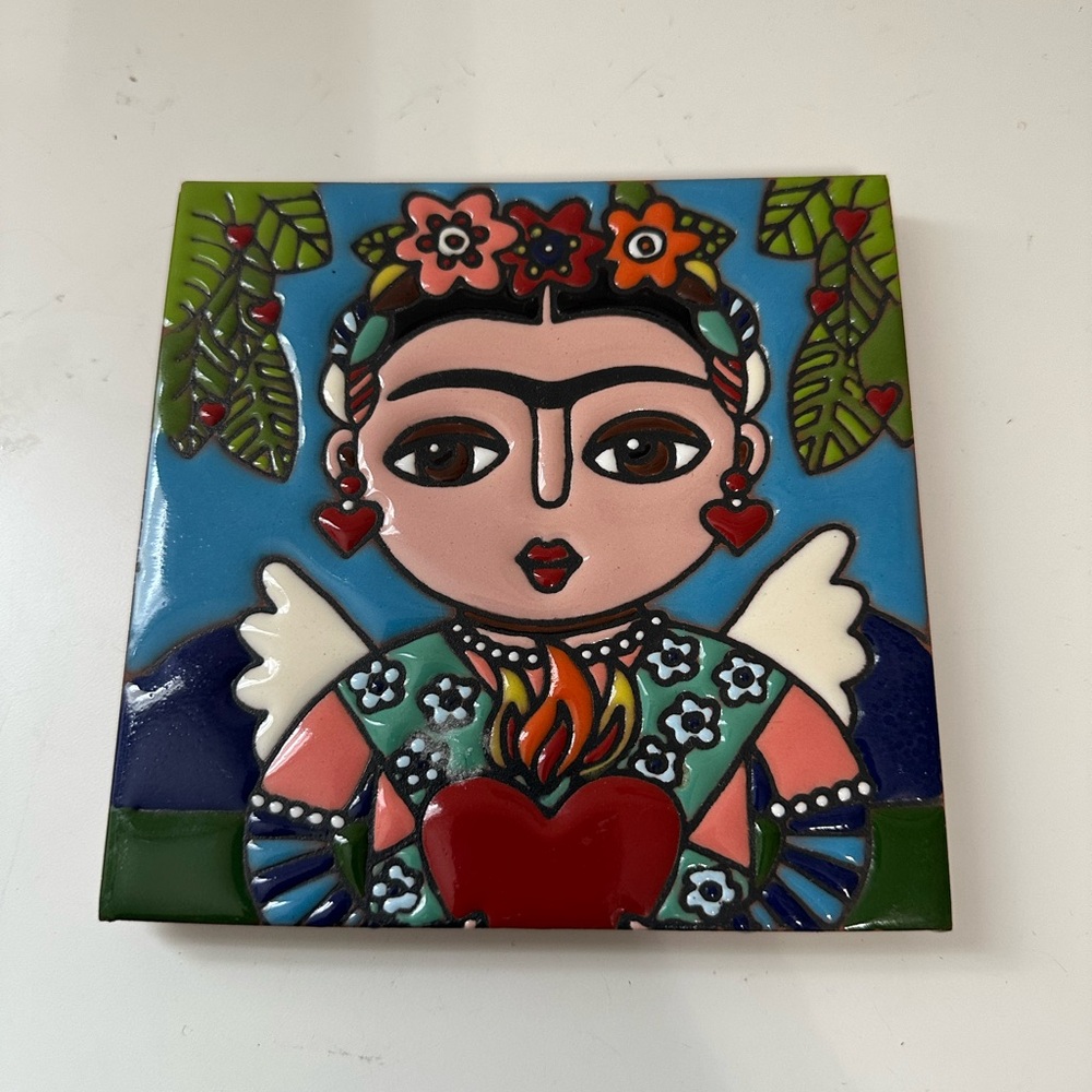 Colorful Frida Kahlo With Wings Inspired Ceramic Mexican Tile Trivet Or coaster